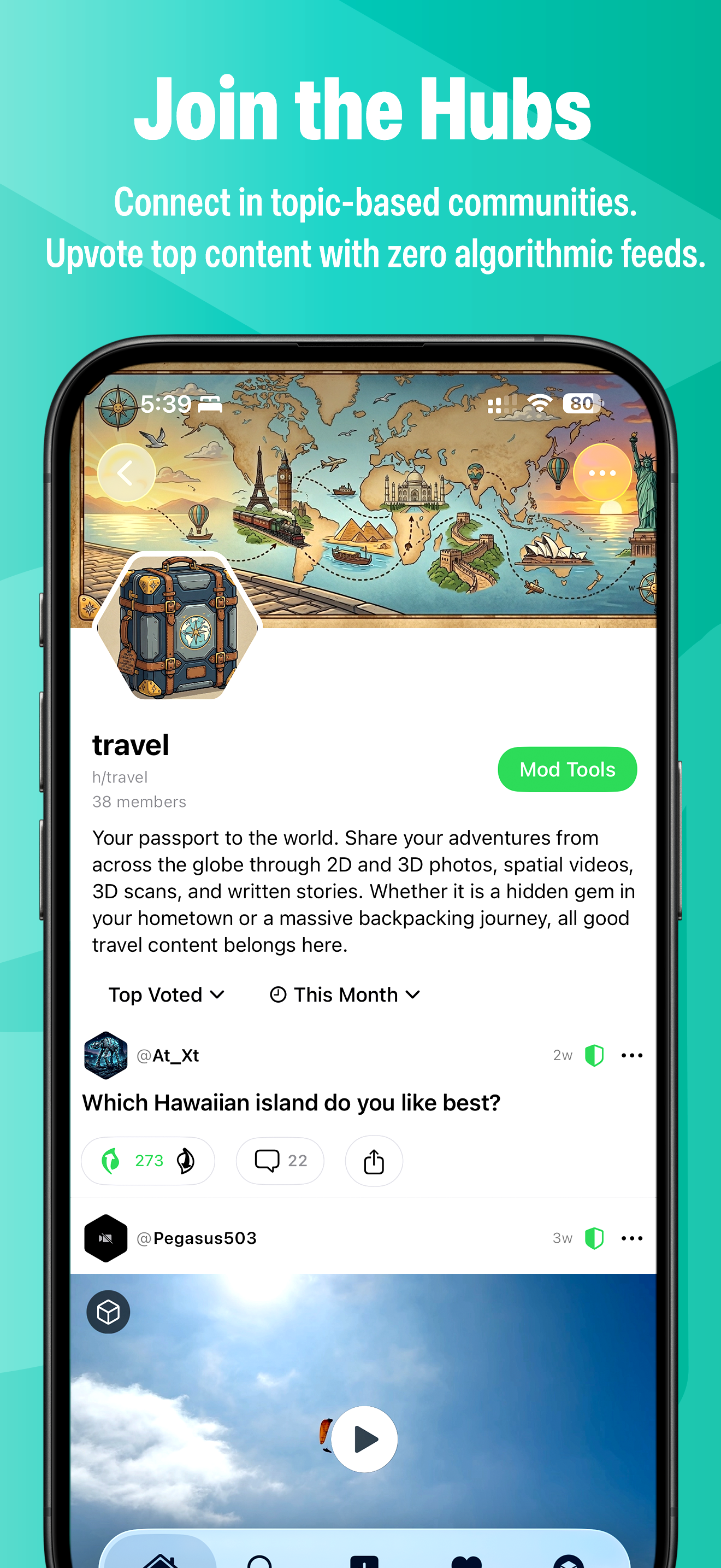 Join the Hubs: a topic-based Travel community feed on TiiHub with member count, banner, and a top-voted post about Hawaii