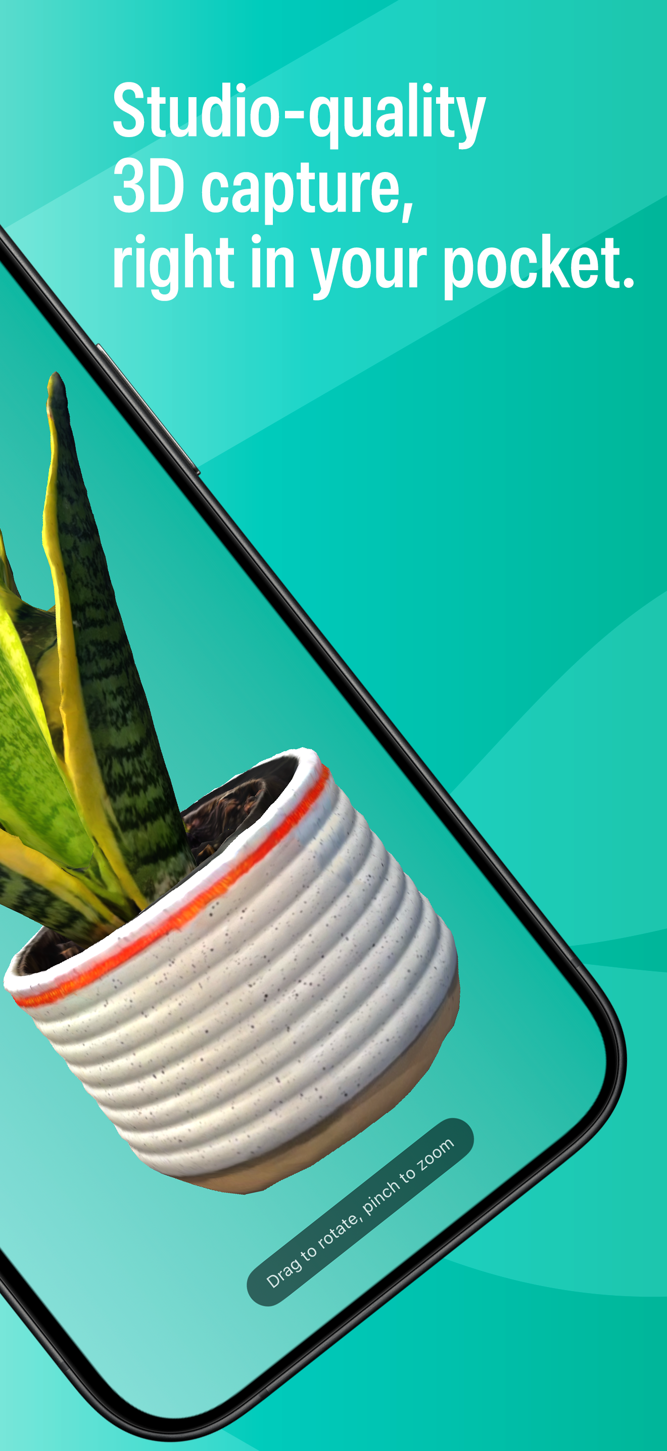 Studio-quality 3D capture, right in your pocket: hero scan of the bottom of the same snake plant pot, bleeding into the left edge