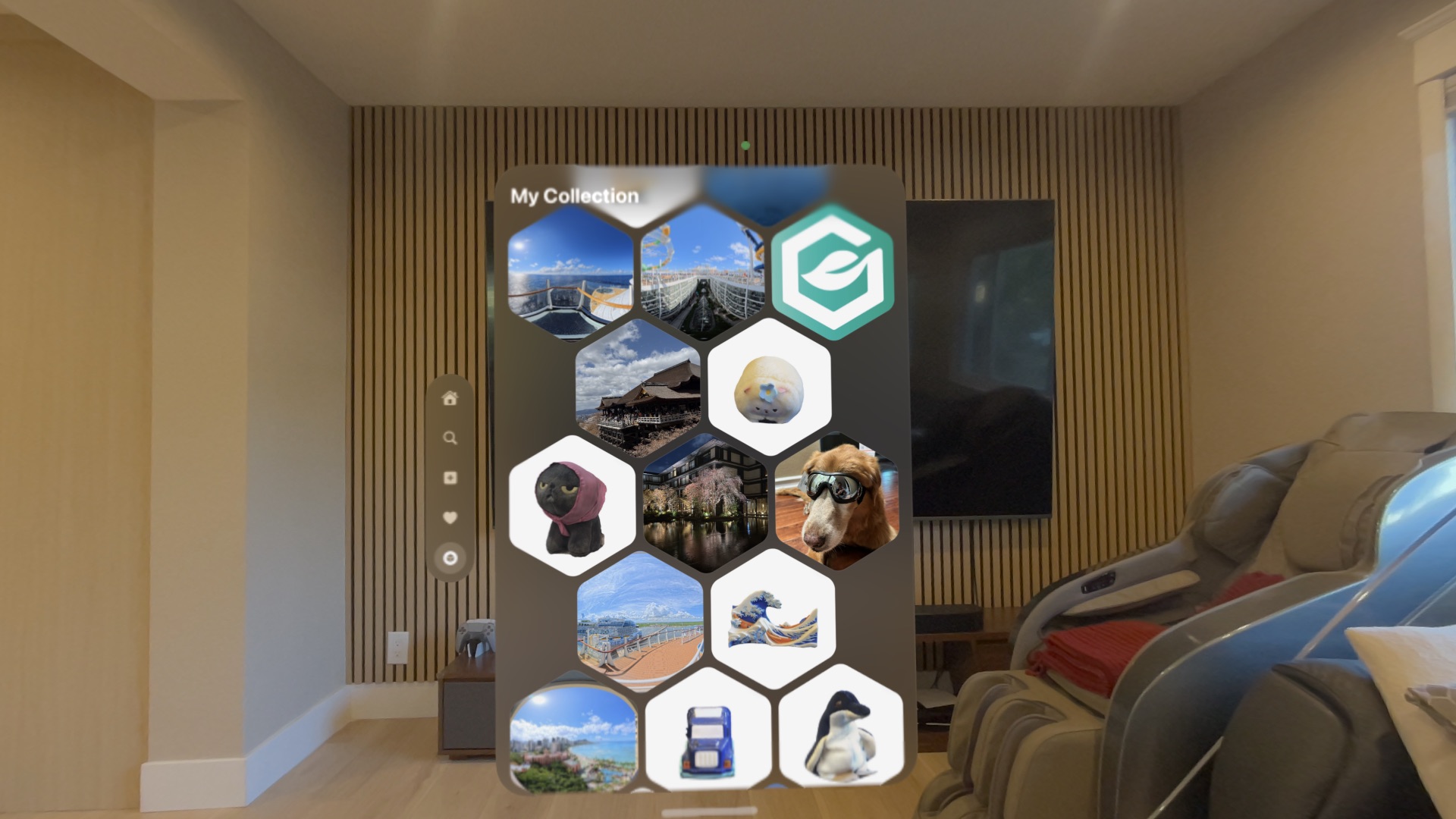 TiiHub collection view on Apple Vision Pro showing hexagonal grid of collected 3D items and spatial photos
