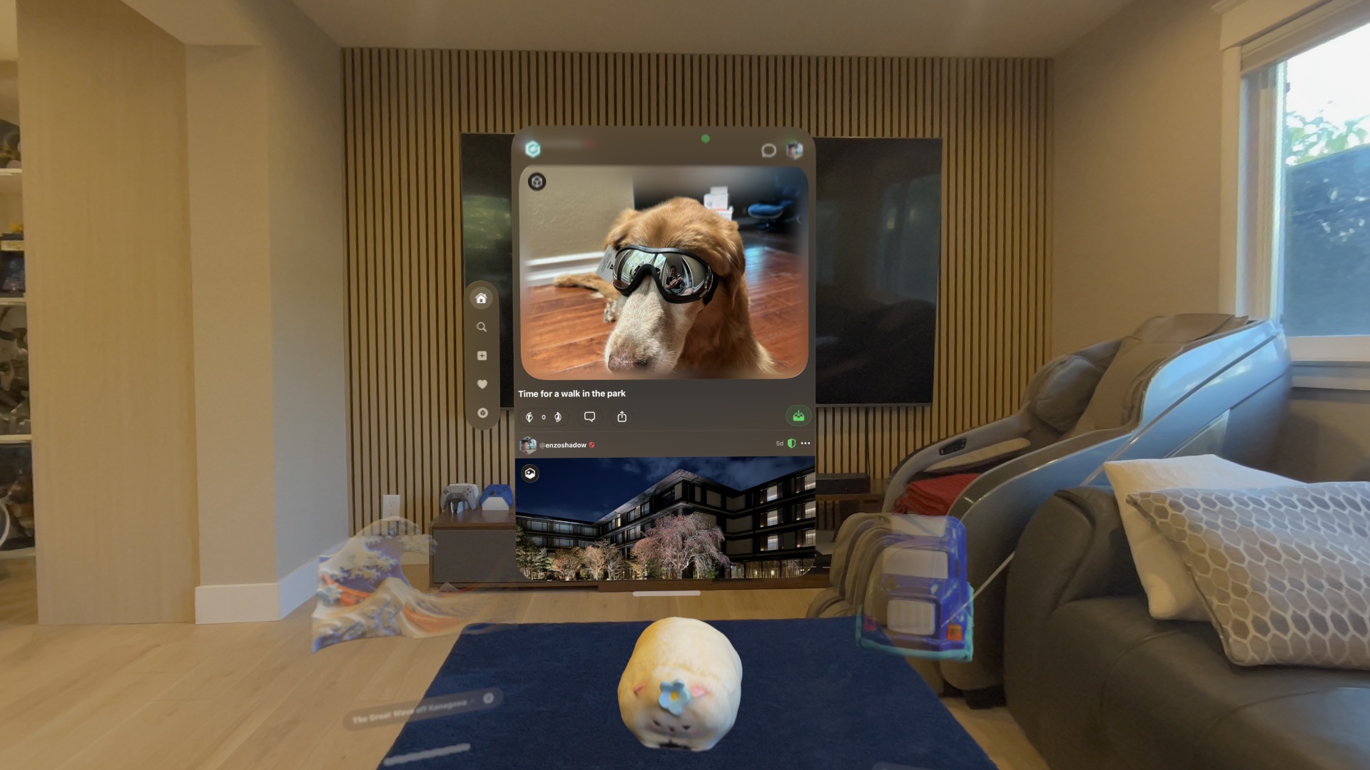 TiiHub feed window with 3D objects placed in a living room on Apple Vision Pro