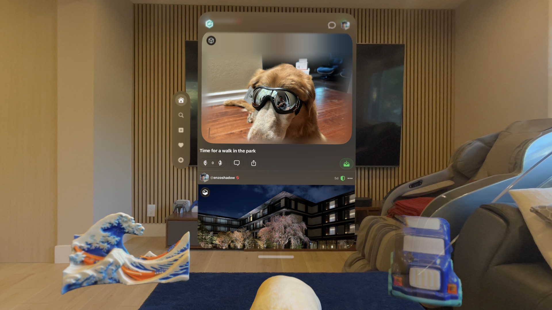 TiiHub feed floating in a living room with 3D objects placed in AR on Apple Vision Pro