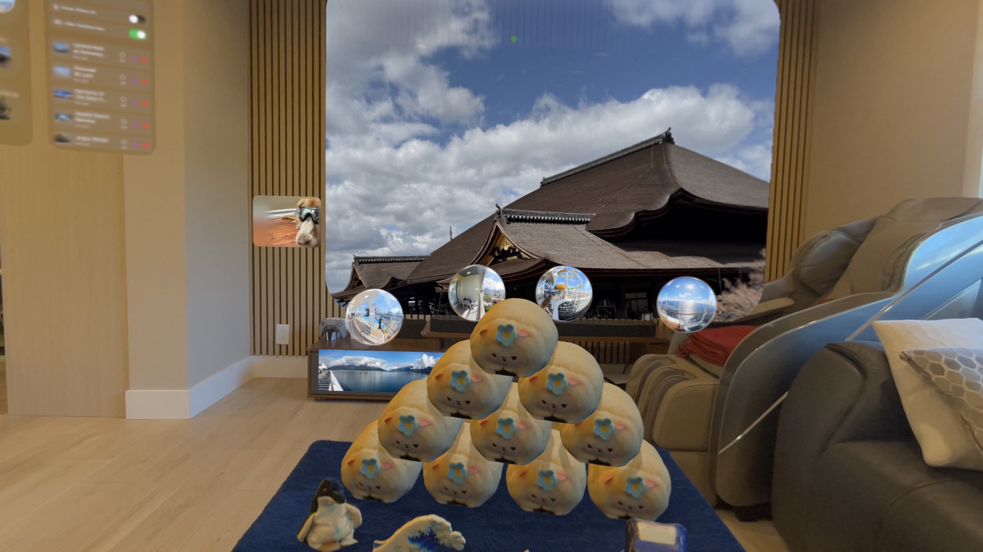 Close-up of 3D scanned objects placed on a table in AR on Apple Vision Pro with dropped items panel